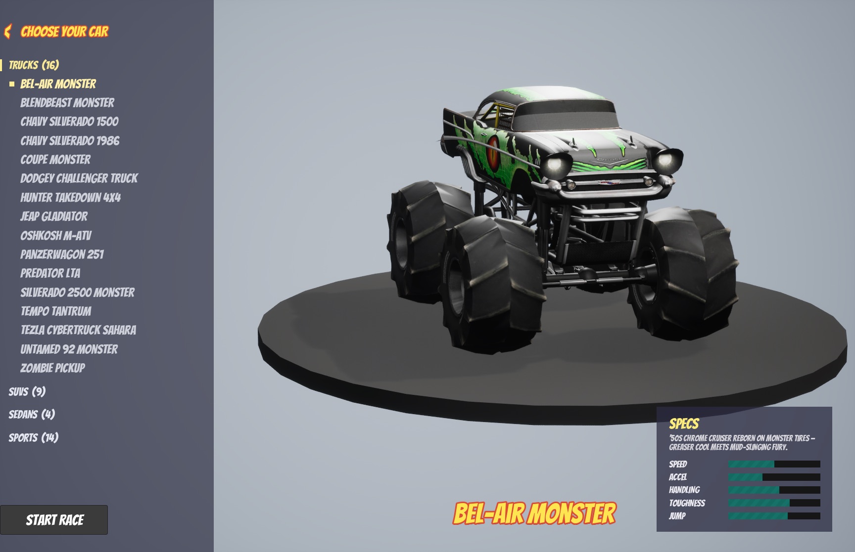 Garage car-select screen with a live turntable